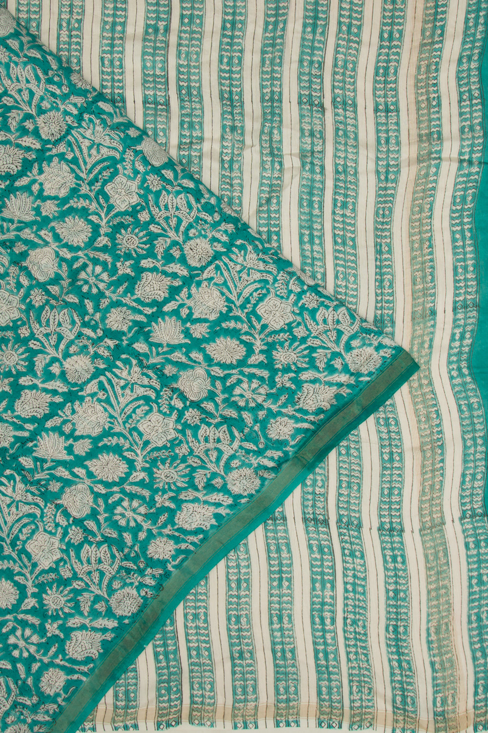 Chanderi Cotton Floral Block Printed Pastel Sea Green Saree