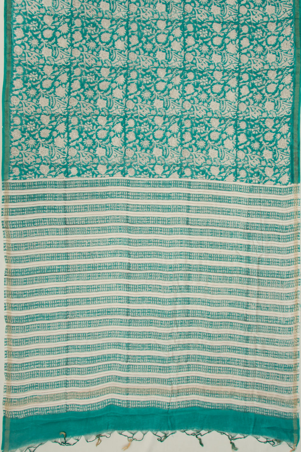 Chanderi Cotton Floral Block Printed Pastel Sea Green Saree
