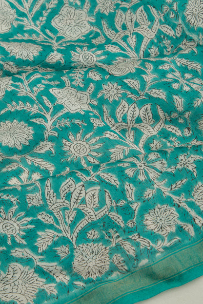 Chanderi Cotton Floral Block Printed Pastel Sea Green Saree