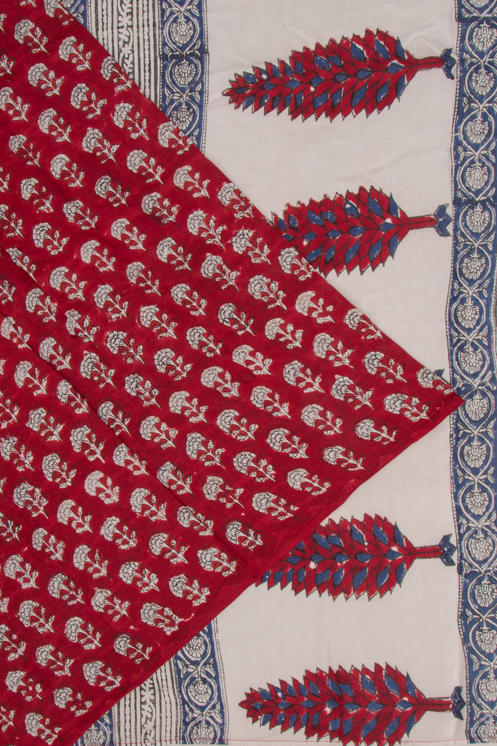 Chanderi Cotton Floral Block Printed Red Saree