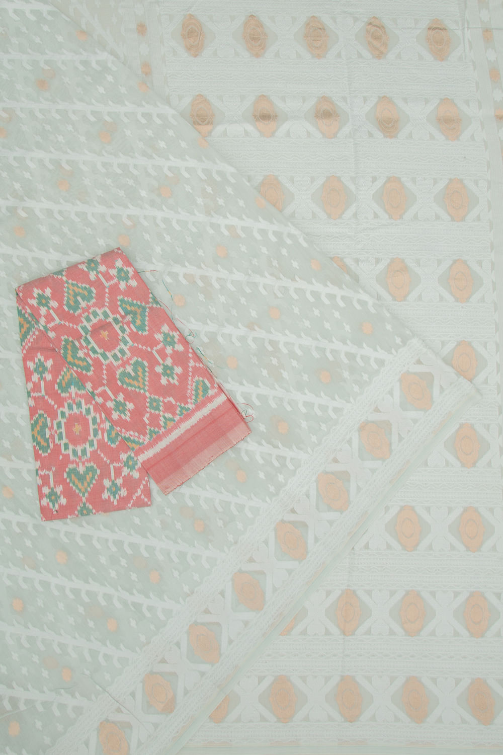 Dhakai Mul Cotton Butta Pastel Green Saree With Ikat Silk Blouse