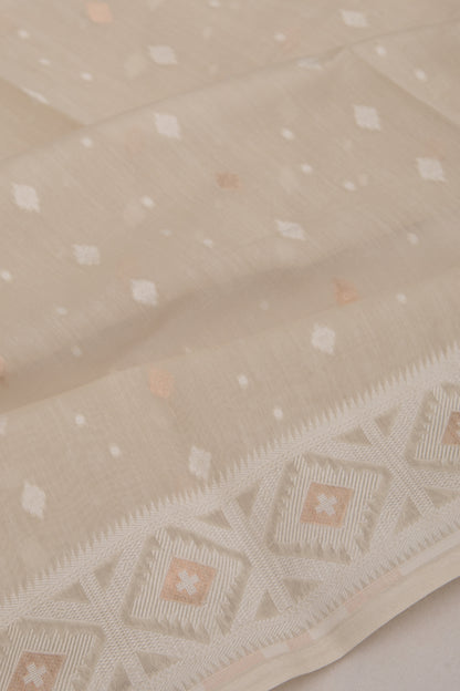 Dhakai Mul Cotton Butta Brown Saree With Ikat Silk Blouse