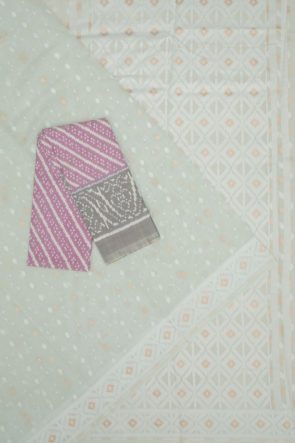 Dhakai Mul Cotton Butta Pastel Blue Saree With Ikat Silk Blouse
