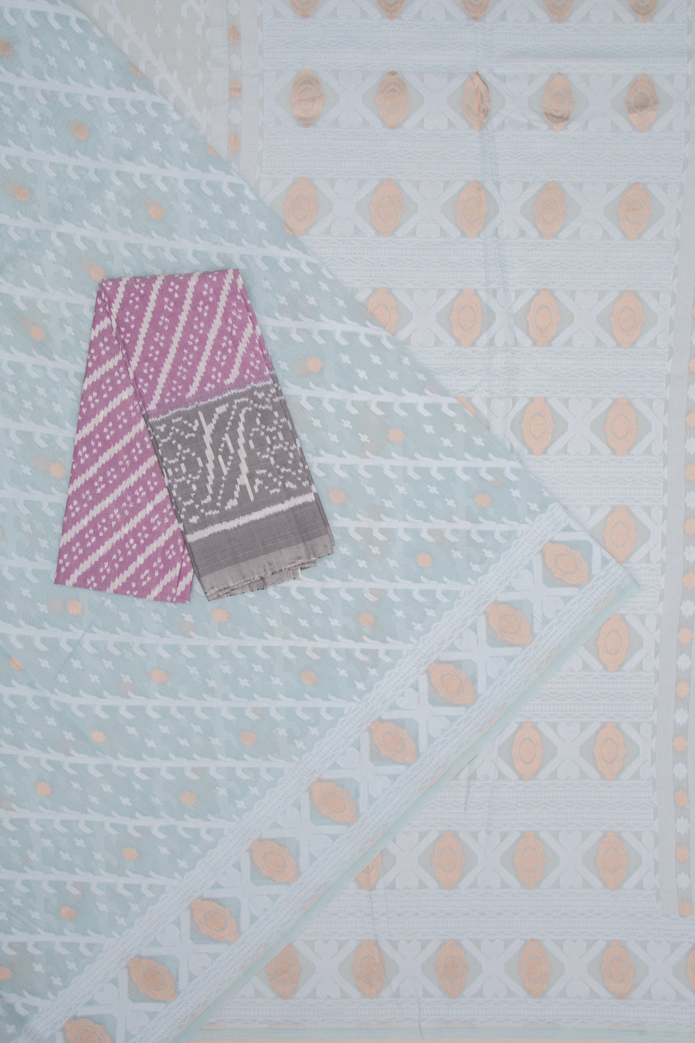 Dhakai Mul Cotton Butta Sea Blue Saree With Ikat Silk Blouse