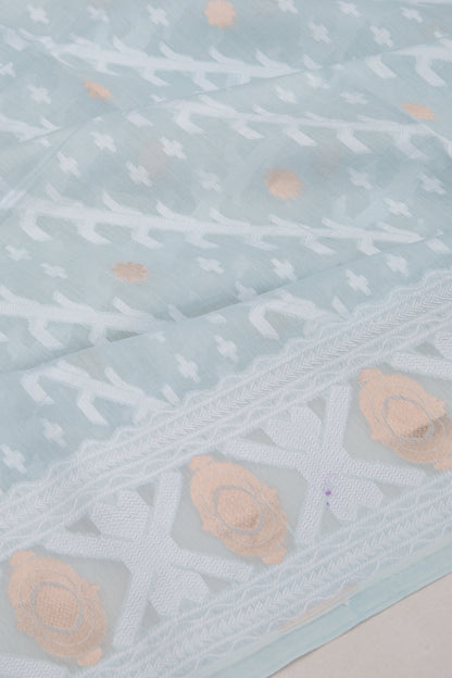 Dhakai Mul Cotton Butta Sea Blue Saree With Ikat Silk Blouse