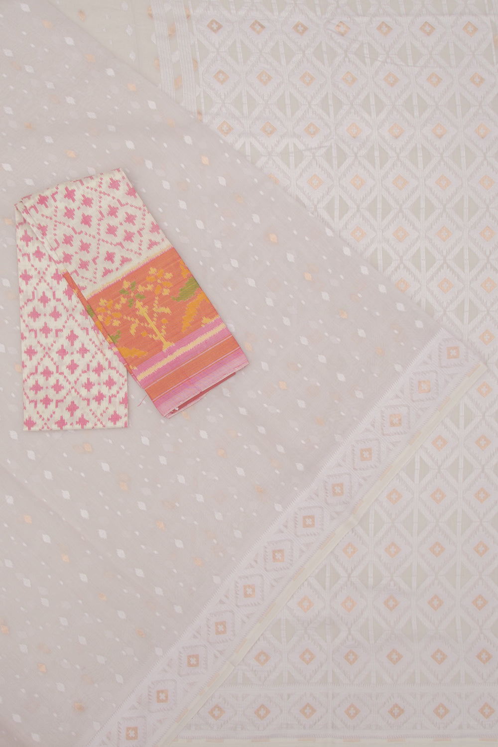 Mul Cotton Butta Pastel Lavender Saree With Ikat Silk Blouse