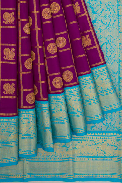 Kanchipuram Silk Checks And Butta Violet Saree