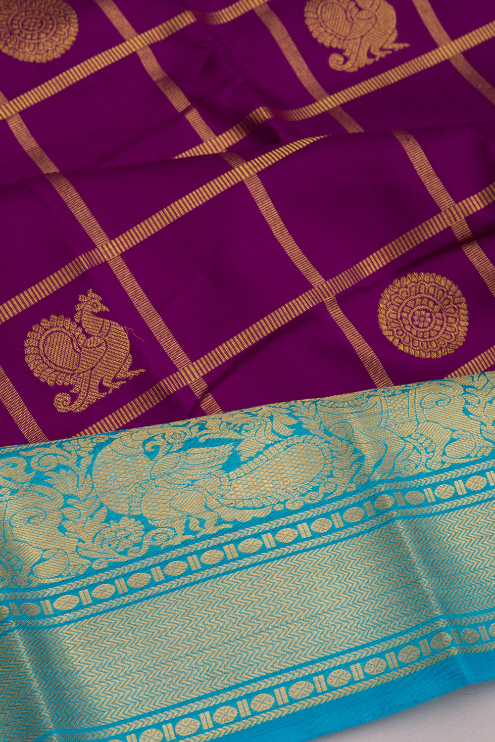 Kanchipuram Silk Checks And Butta Violet Saree