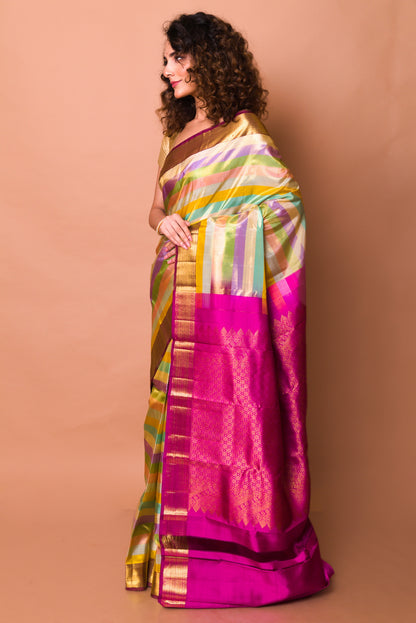 Kanchipuram Silk Tissue Horizontal Lines Multicolour Saree