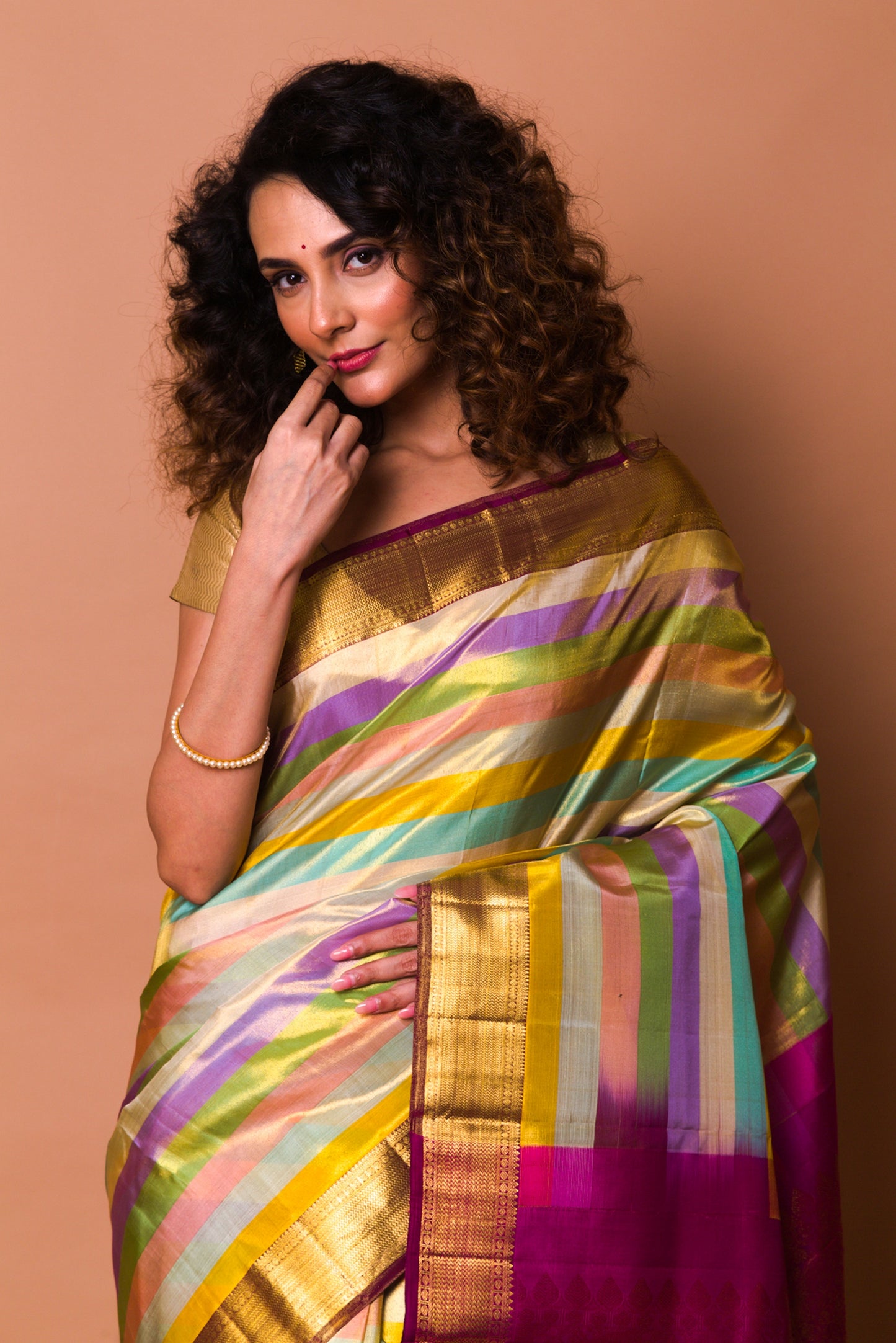 Kanchipuram Silk Tissue Horizontal Lines Multicolour Saree