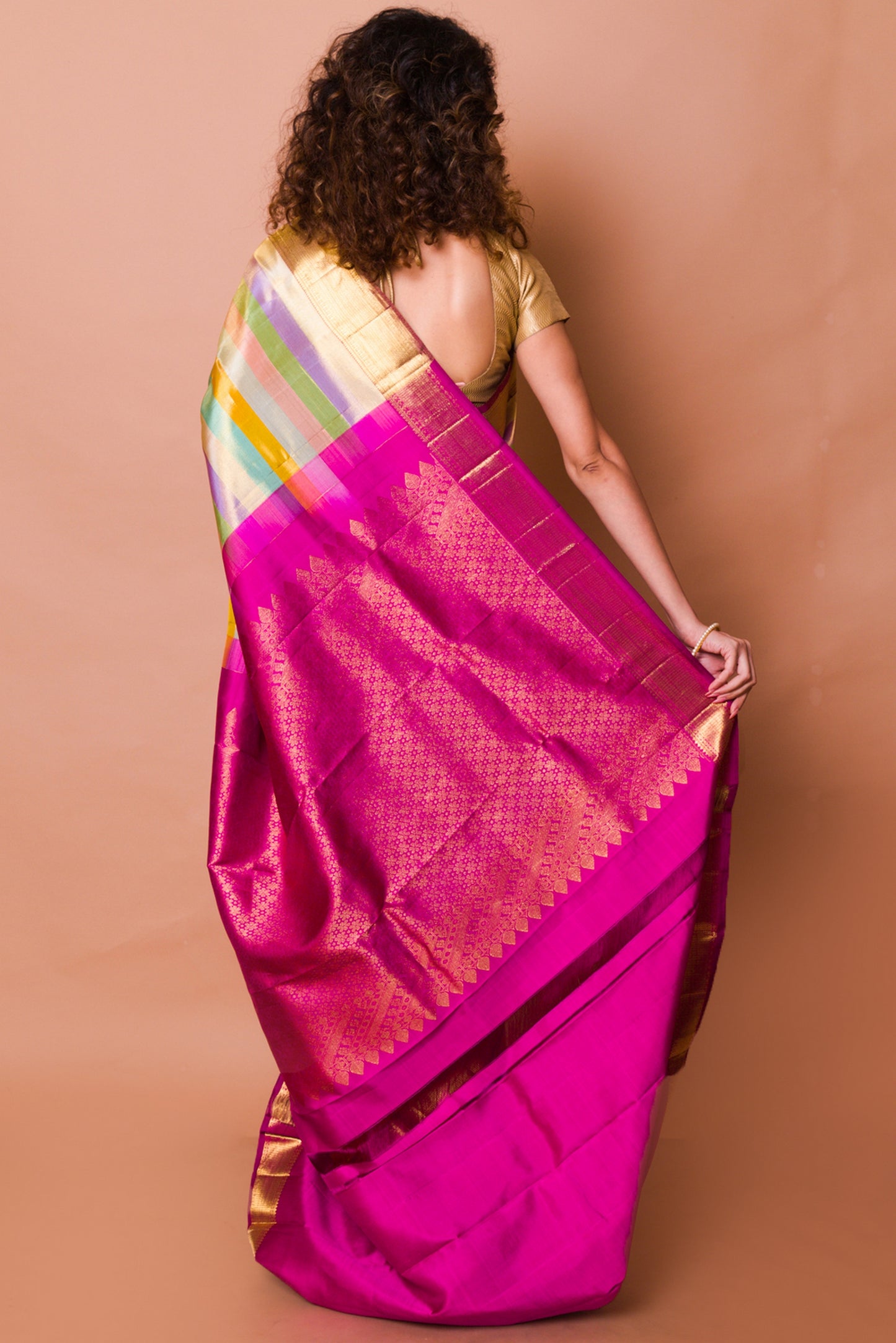 Kanchipuram Silk Tissue Horizontal Lines Multicolour Saree