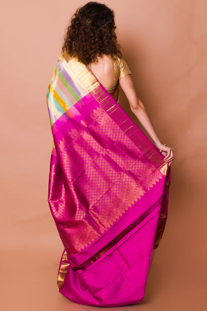 Kanchipuram Silk Tissue Horizontal Lines Multicolour Saree