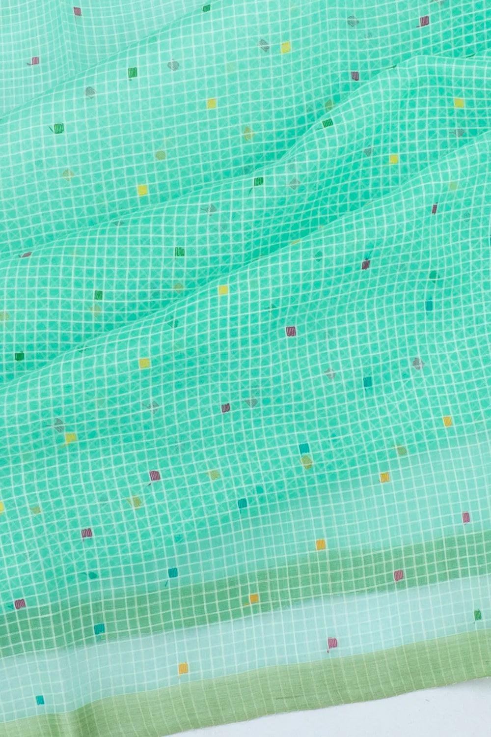 Dhakai Kora Organza Checks Sea Green Saree With Jamdani Pallu