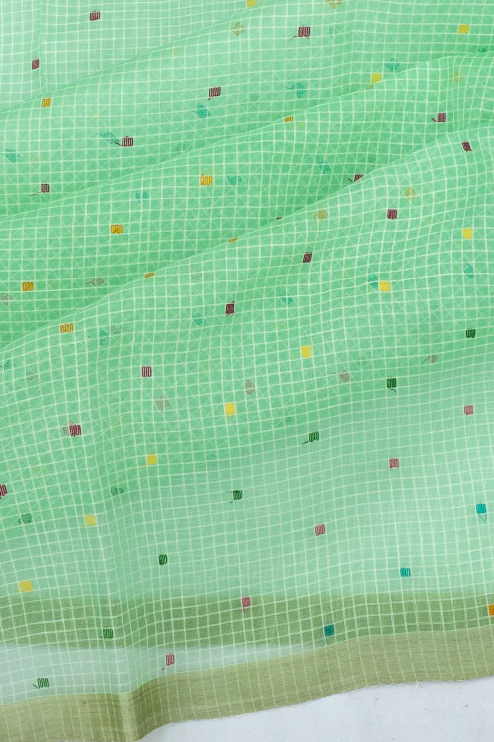 Dhakai Kora Organza Checks Pastel Green Saree With Jamdani Pallu