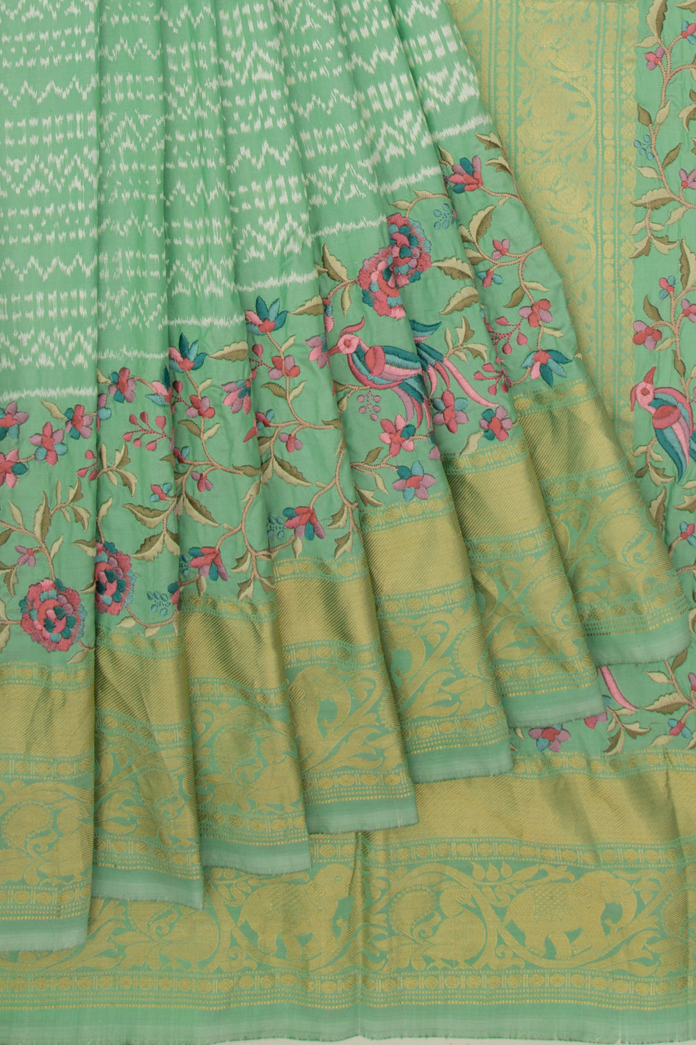 Kanchipuram Silk Ikat Pastel Green Saree With Embroidery