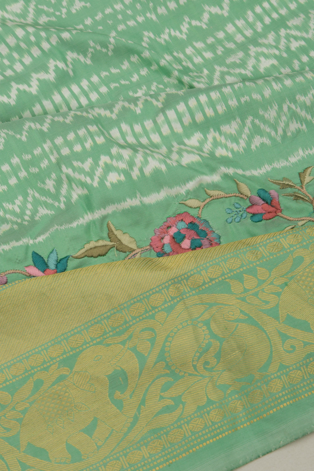 Kanchipuram Silk Ikat Pastel Green Saree With Embroidery