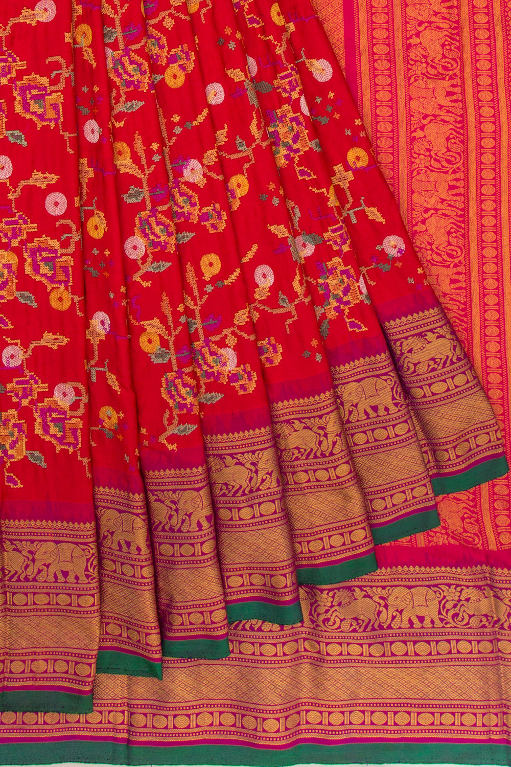 Kanchipuram Silk Floral Embroidery Red Saree With Ikat Blouse