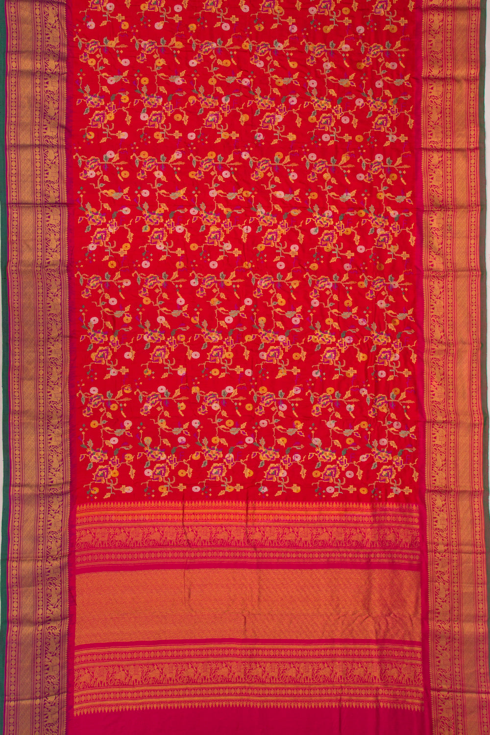 Kanchipuram Silk Floral Embroidery Red Saree With Ikat Blouse