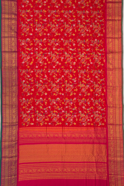Kanchipuram Silk Floral Embroidery Red Saree With Ikat Blouse