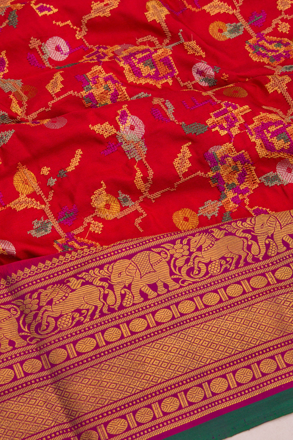 Kanchipuram Silk Floral Embroidery Red Saree With Ikat Blouse