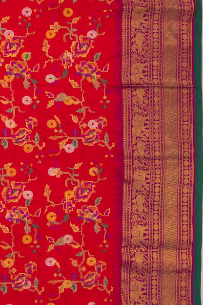 Kanchipuram Silk Floral Embroidery Red Saree With Ikat Blouse