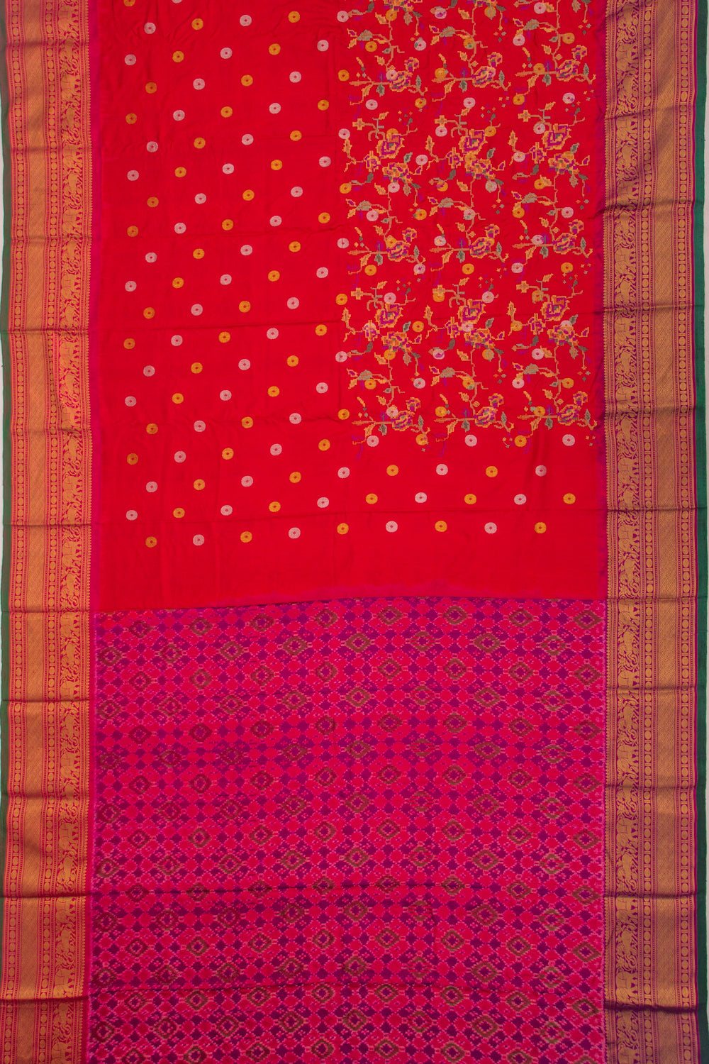 Kanchipuram Silk Floral Embroidery Red Saree With Ikat Blouse