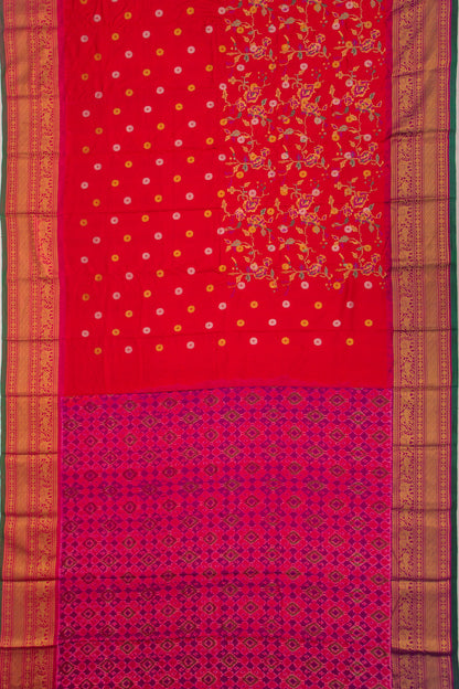 Kanchipuram Silk Floral Embroidery Red Saree With Ikat Blouse
