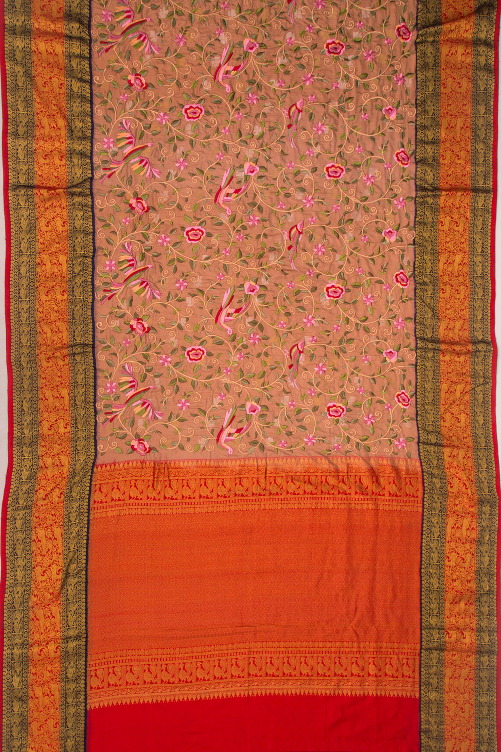 Kanchipuram Silk Floral Embroidery Brown Saree With Ikat Blouse