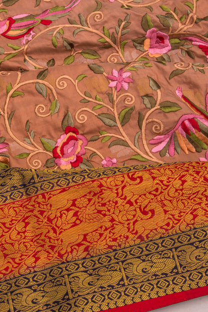 Kanchipuram Silk Floral Embroidery Brown Saree With Ikat Blouse