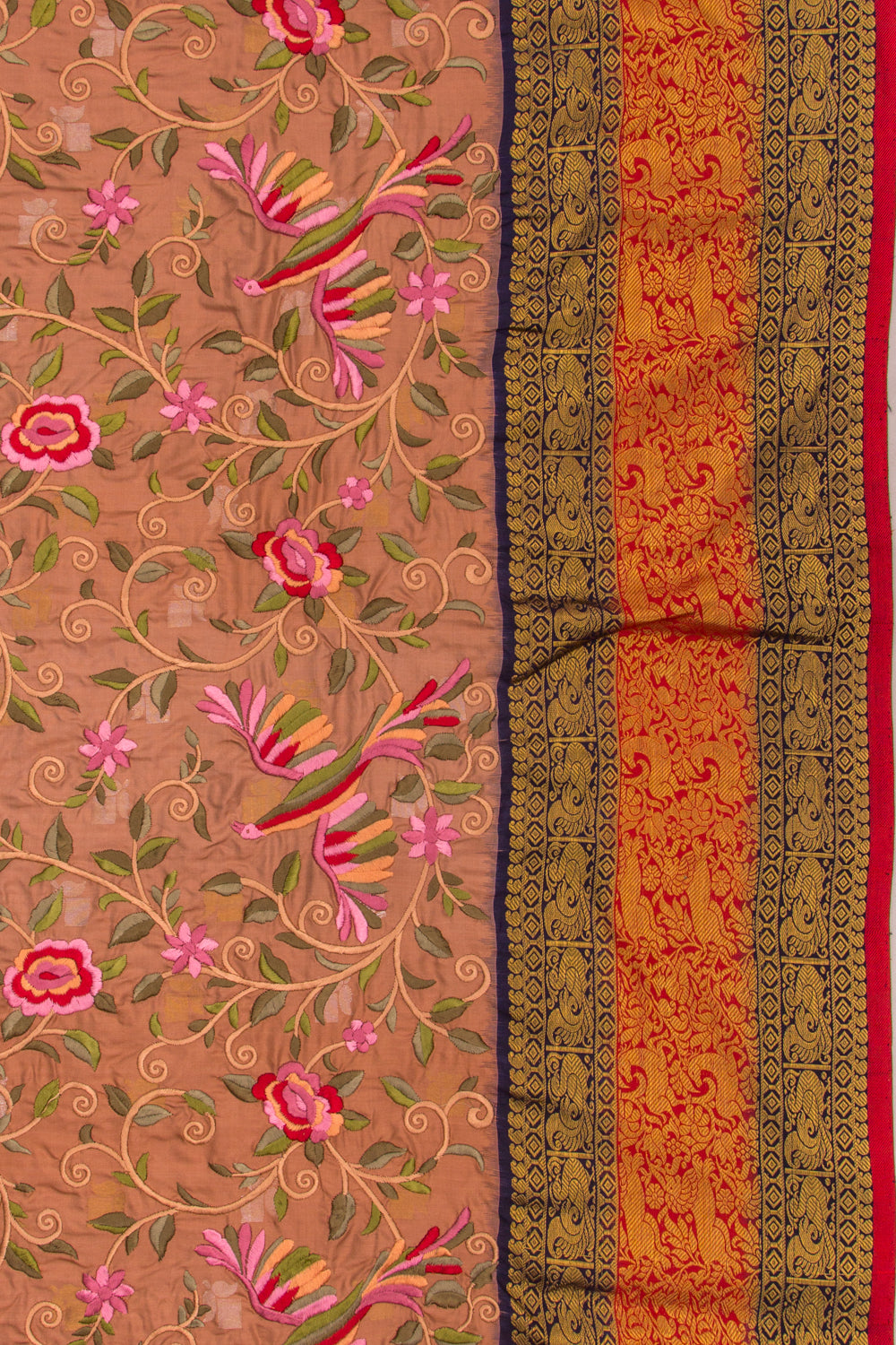 Kanchipuram Silk Floral Embroidery Brown Saree With Ikat Blouse