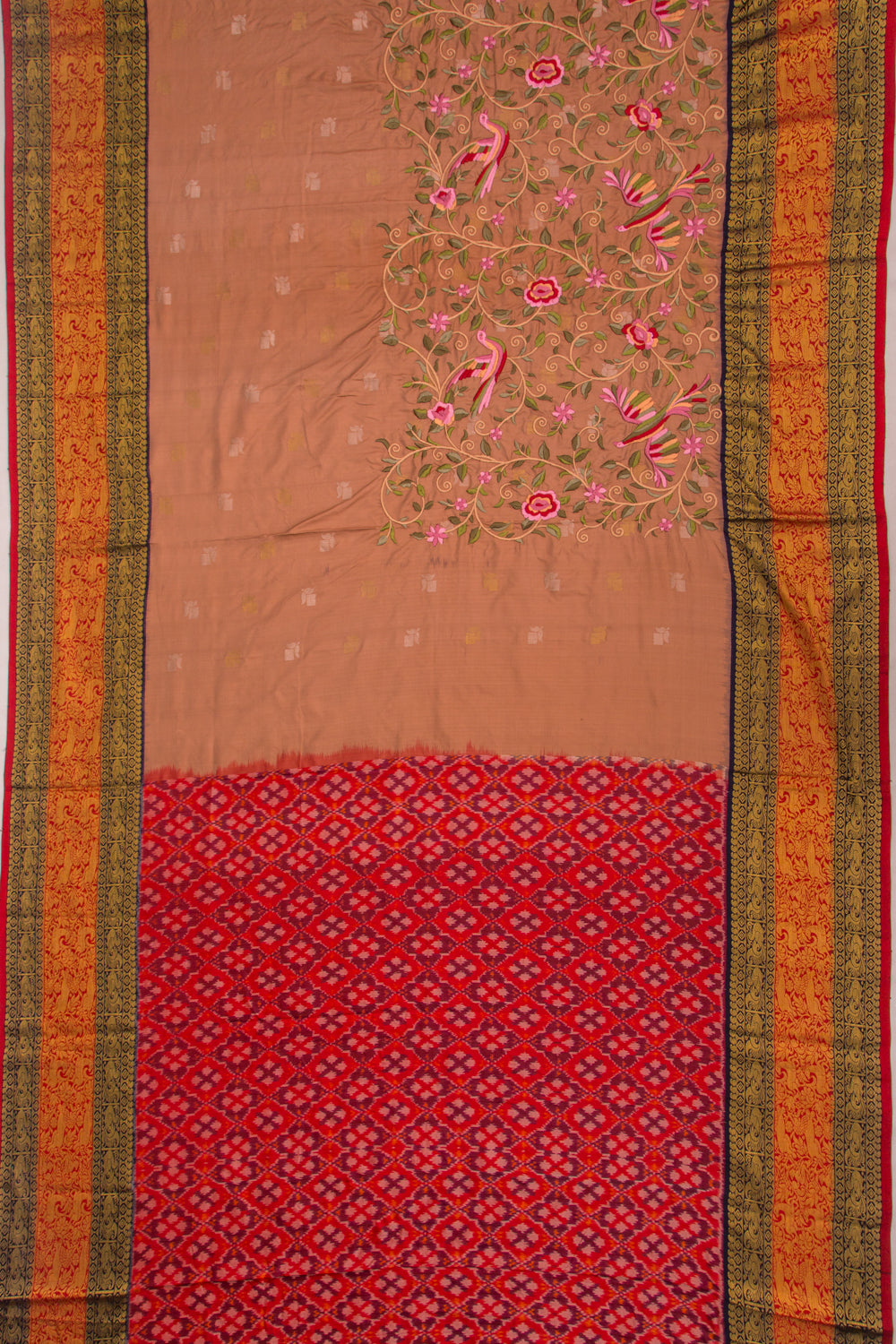 Kanchipuram Silk Floral Embroidery Brown Saree With Ikat Blouse