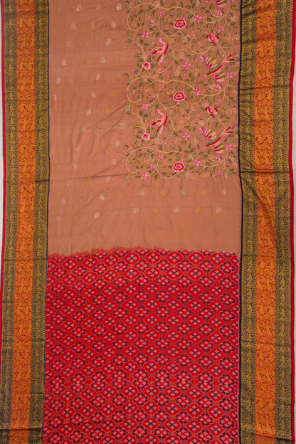 Kanchipuram Silk Floral Embroidery Brown Saree With Ikat Blouse