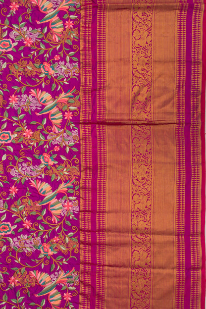 Kanchipuram Silk Floral Embroidery Purple Saree