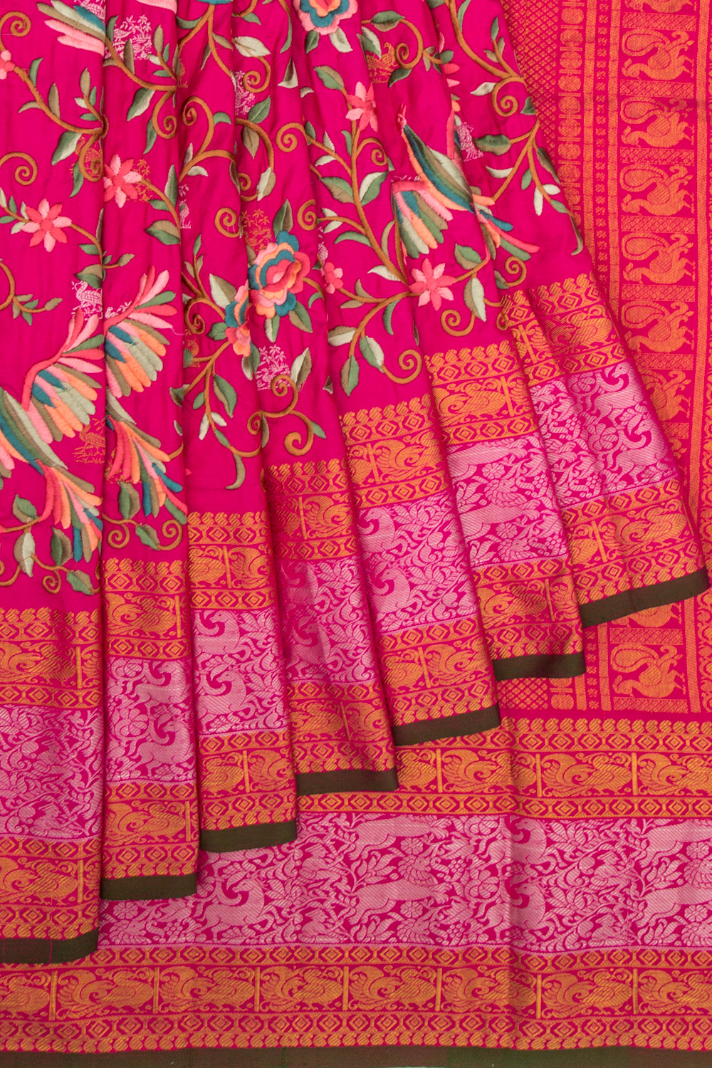 Kanchipuram Silk Floral Embroidery Pink Saree