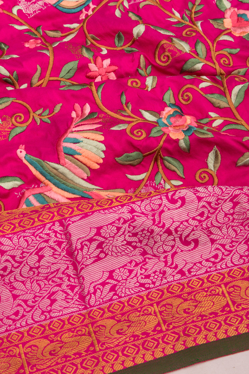 Kanchipuram Silk Floral Embroidery Pink Saree