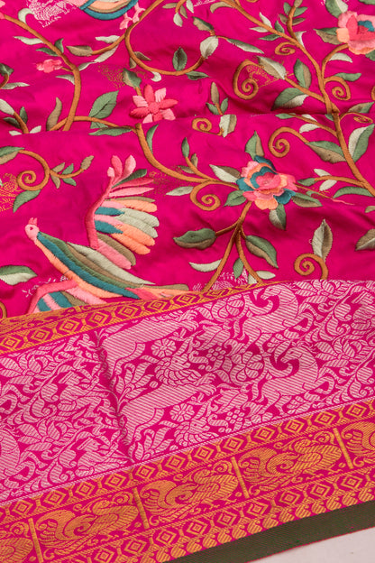 Kanchipuram Silk Floral Embroidery Pink Saree