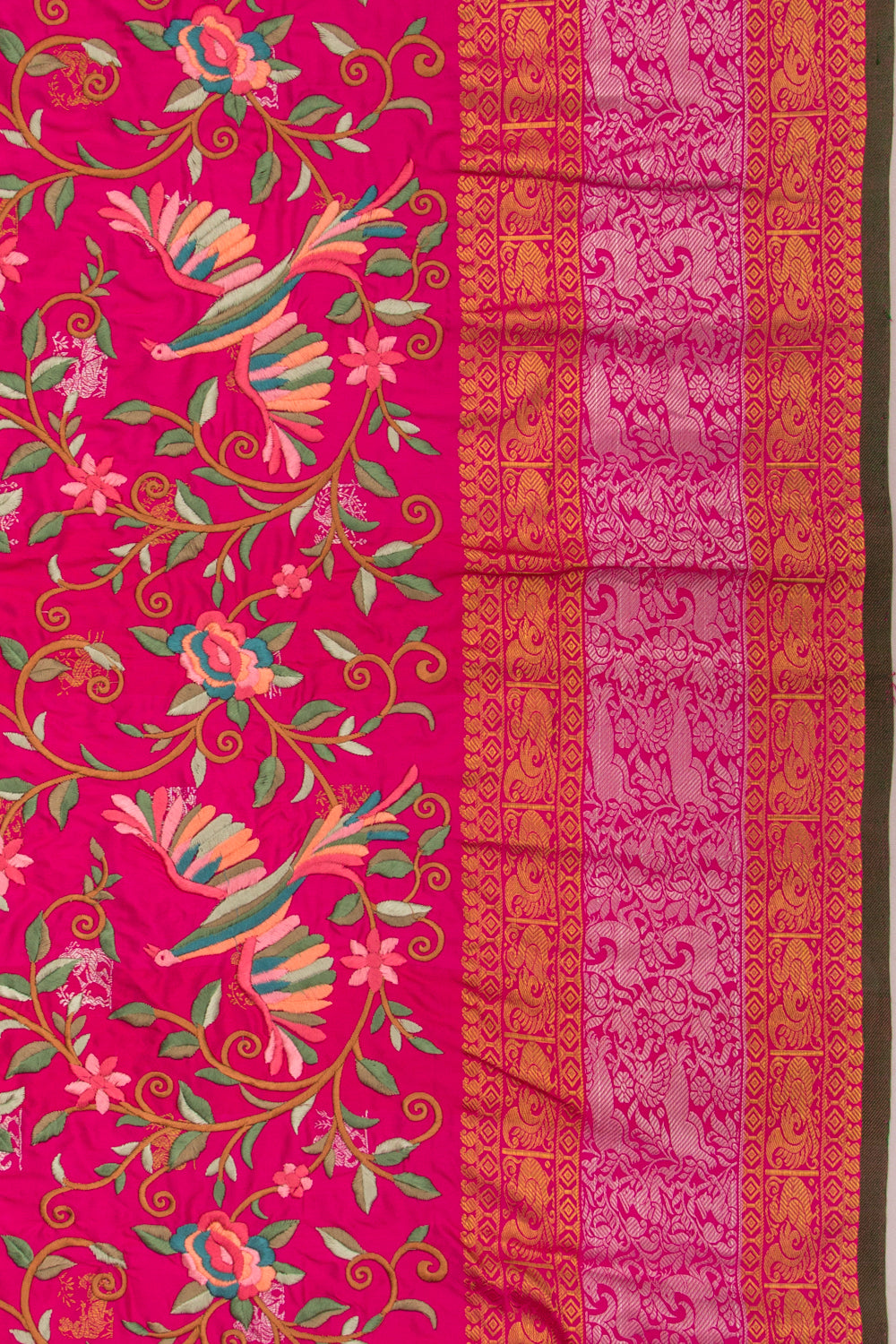 Kanchipuram Silk Floral Embroidery Pink Saree