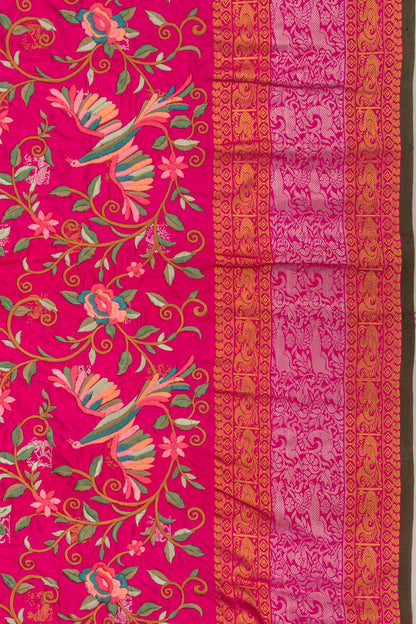 Kanchipuram Silk Floral Embroidery Pink Saree