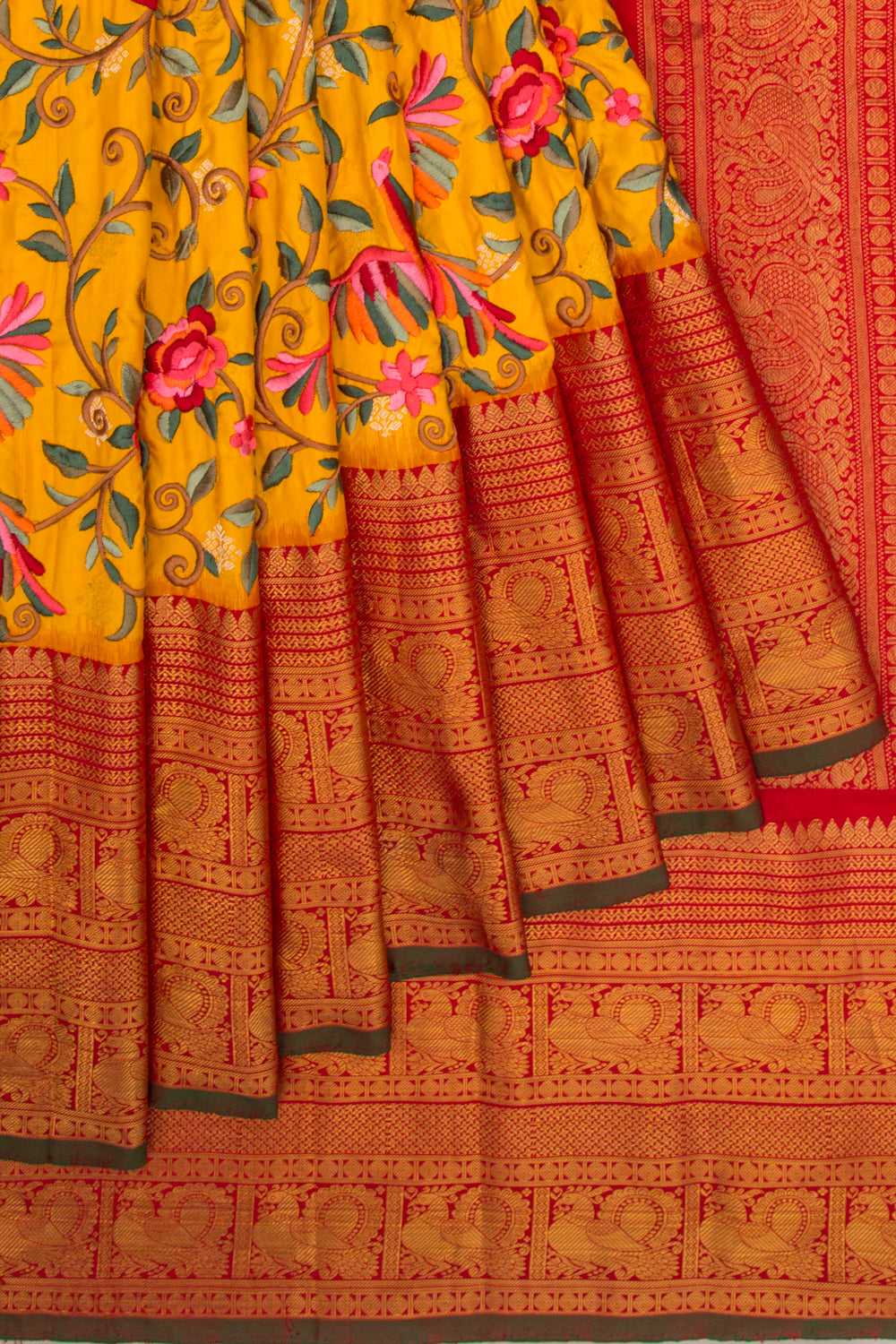 Kanchipuram Silk Floral Embroidery Yellow Saree With Ikat Blouse