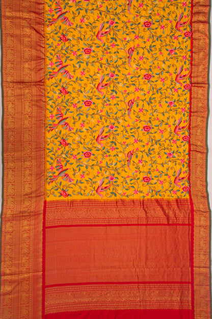 Kanchipuram Silk Floral Embroidery Yellow Saree With Ikat Blouse
