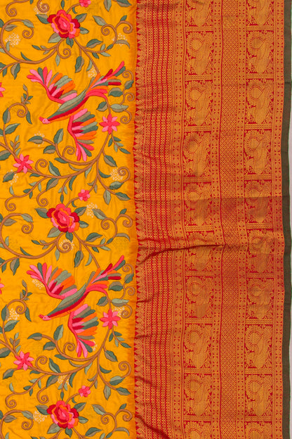 Kanchipuram Silk Floral Embroidery Yellow Saree With Ikat Blouse