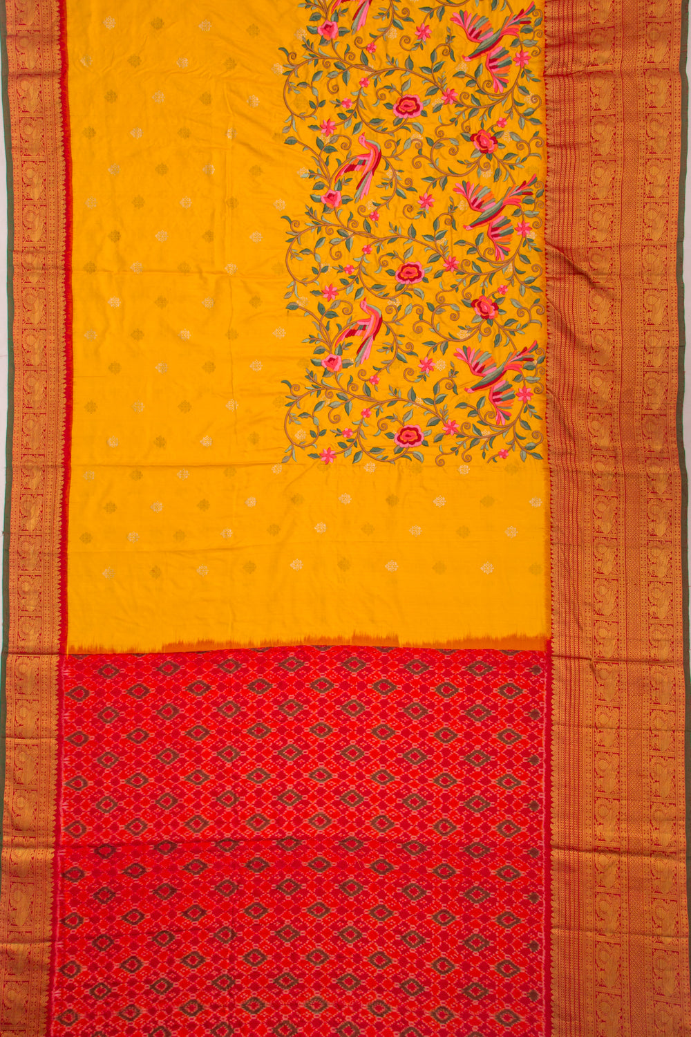 Kanchipuram Silk Floral Embroidery Yellow Saree With Ikat Blouse