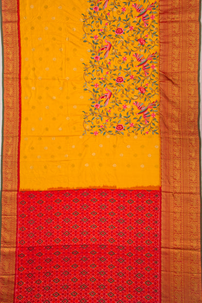 Kanchipuram Silk Floral Embroidery Yellow Saree With Ikat Blouse