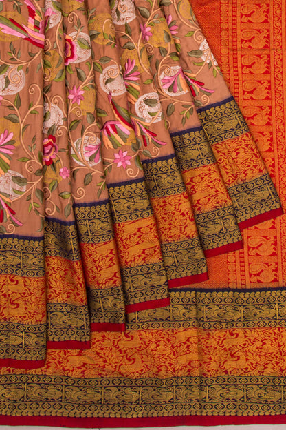 Kanchipuram Silk Floral Embroidery Paste Brown Saree With Ikat Blouse
