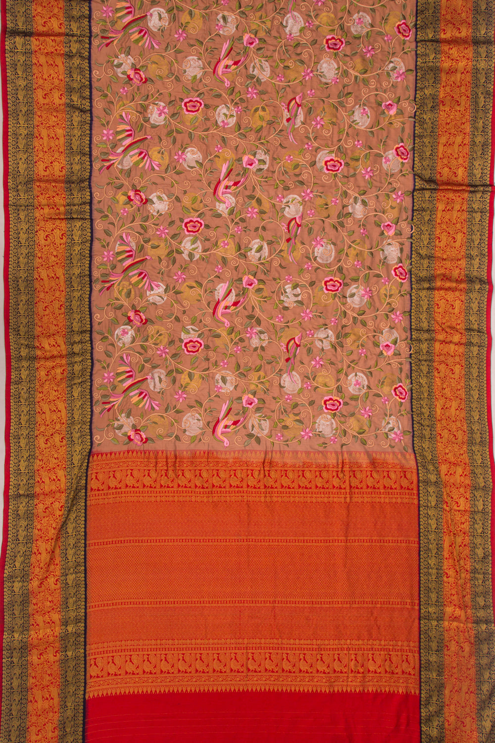 Kanchipuram Silk Floral Embroidery Pastel Brown Saree With Ikat Blouse