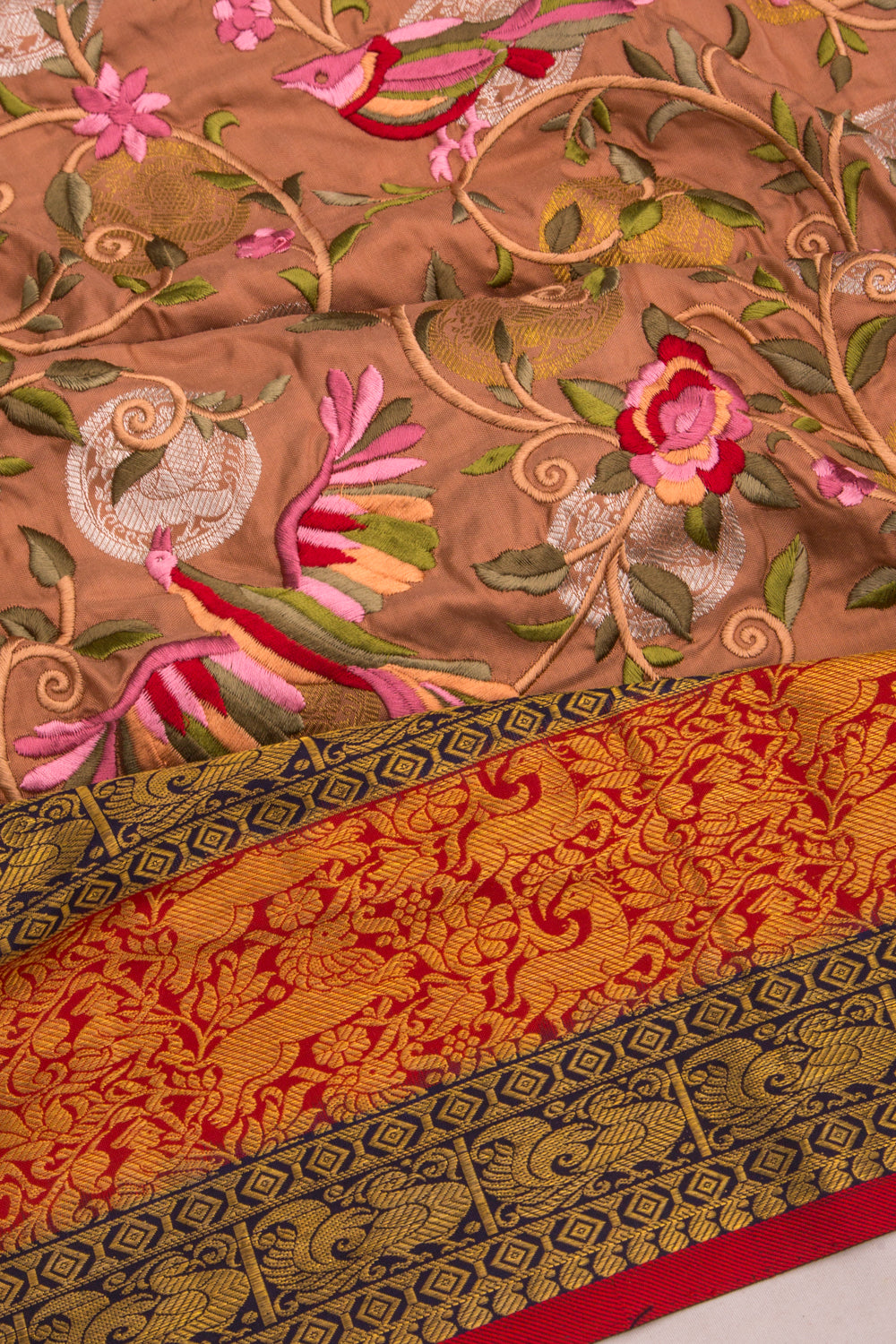 Kanchipuram Silk Floral Embroidery Pastel Brown Saree With Ikat Blouse