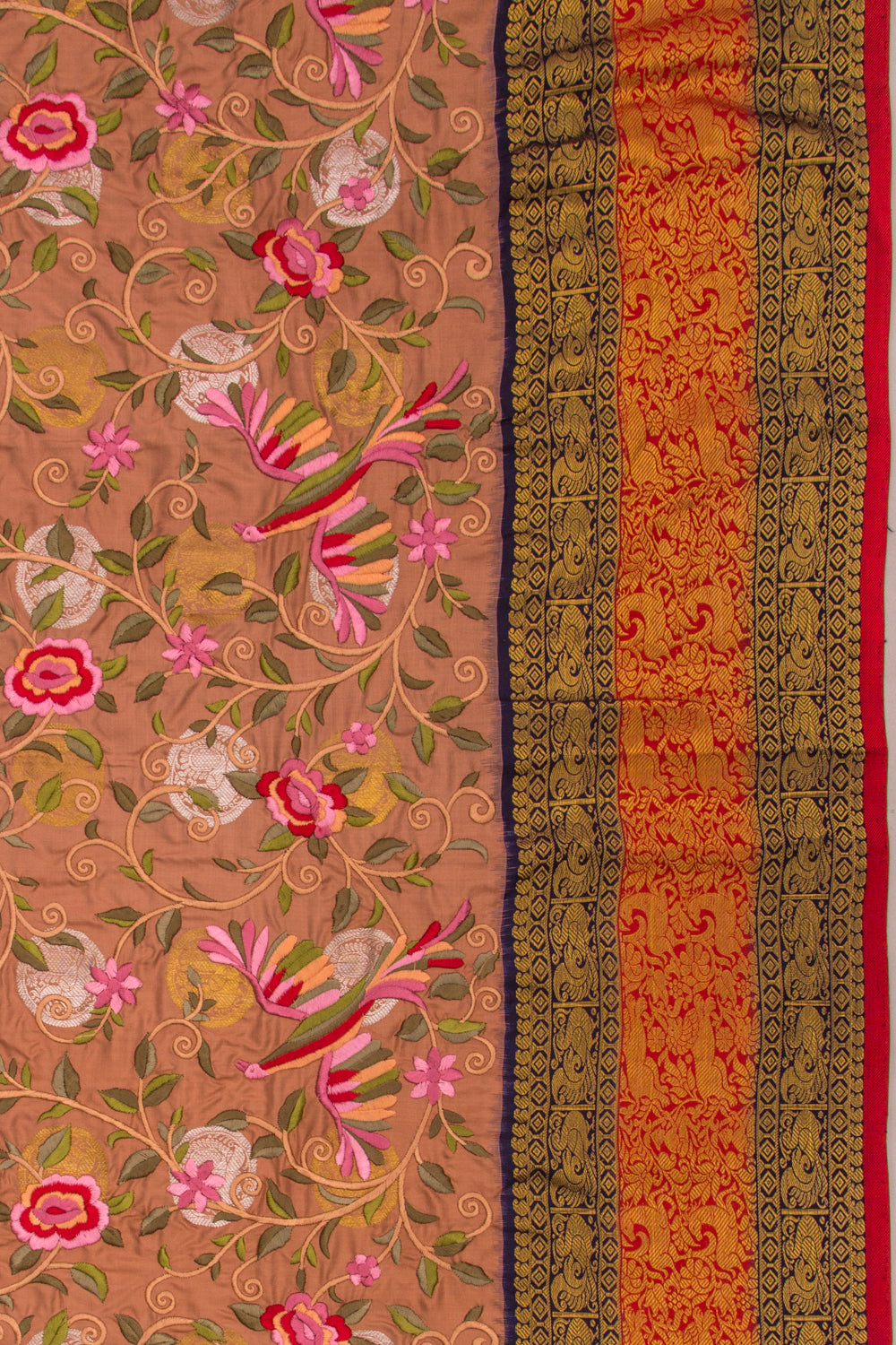 Kanchipuram Silk Floral Embroidery Pastel Brown Saree With Ikat Blouse