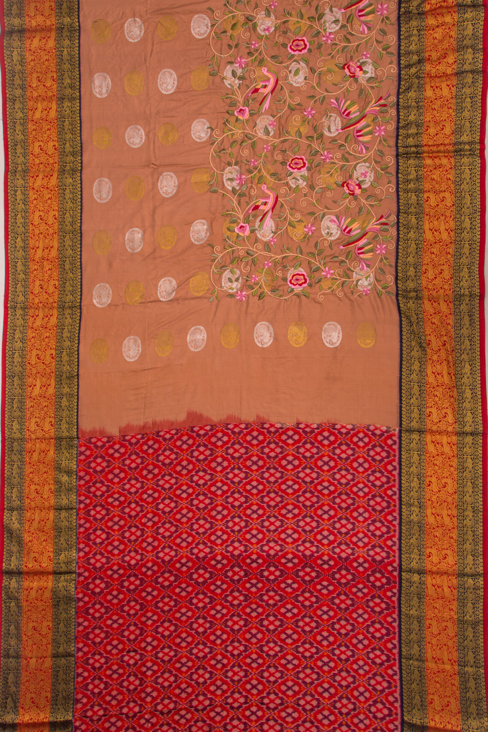 Kanchipuram Silk Floral Embroidery Pastel Brown Saree With Ikat Blouse