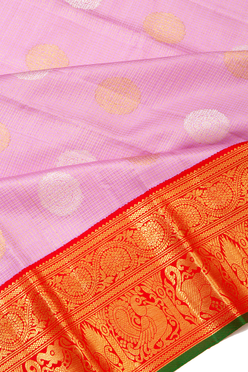 Kanchipuram Silk Checks And Butta Lavender Saree