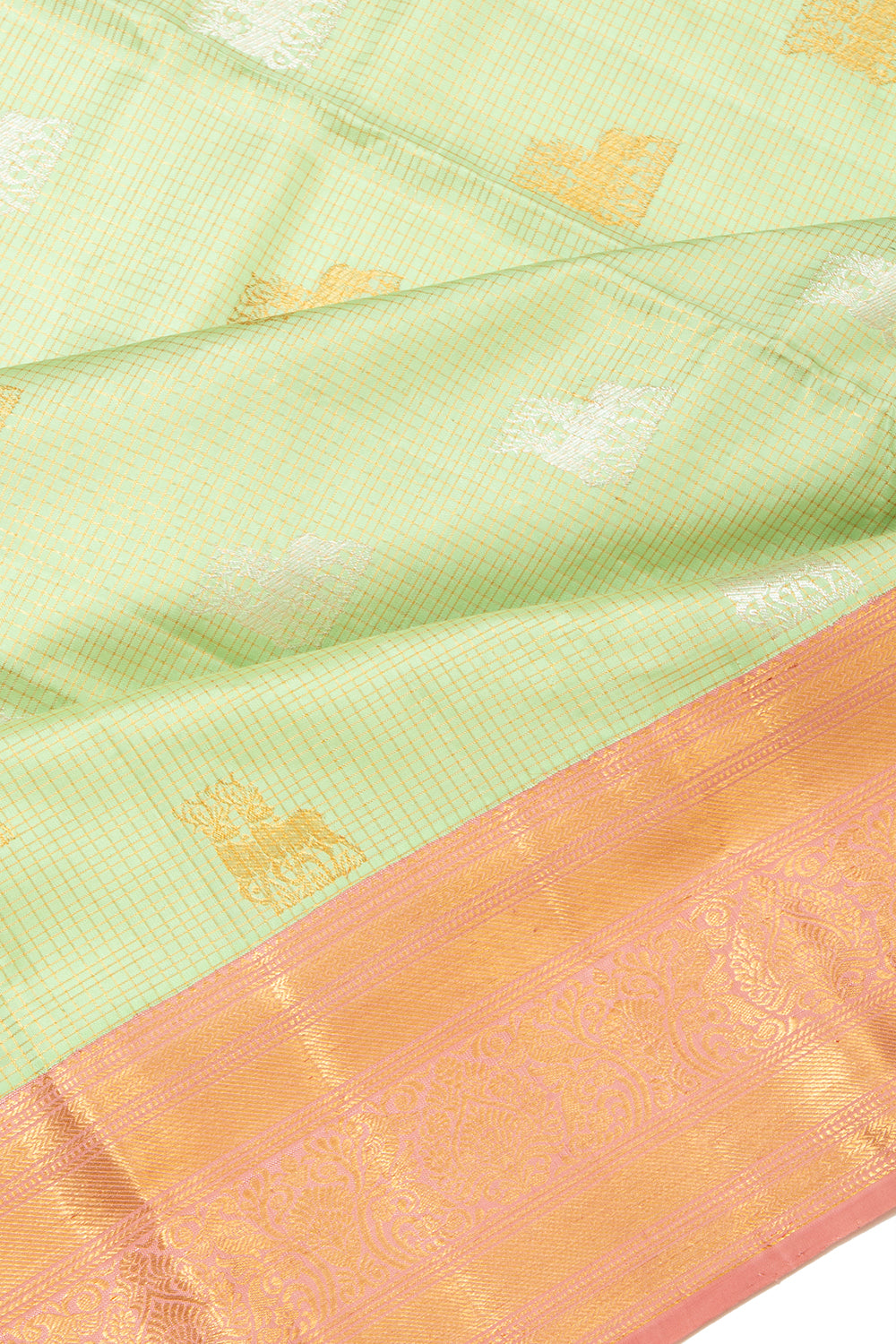 Kanchipuram Silk Checks And Butta Pastel Green Saree